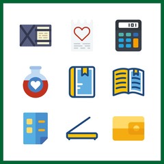 9 paper icon. Vector illustration paper set. open book and list icons for paper works