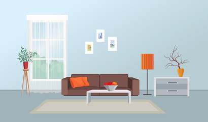 Living room interior. Furniture design. Home interior with sofa, table, window