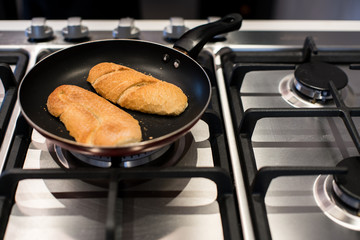 French bread toast on a frying pan