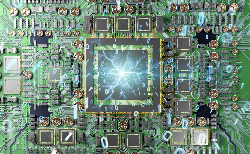 Fototapete close-up view of a modern gpu card with connections 3d rendering