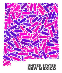 Mosaic New Mexico State map isolated on a white background. Vector geographic abstraction in pink and violet colors. Mosaic of New Mexico State map combined of random circle dots and lines.