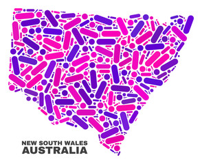 Mosaic New South Wales map isolated on a white background. Vector geographic abstraction in pink and violet colors. Mosaic of New South Wales map combined of random circle points and lines.