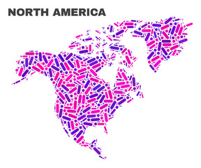Fototapeta na wymiar Mosaic North America map isolated on a white background. Vector geographic abstraction in pink and violet colors. Mosaic of North America map combined of scattered circle dots and lines.