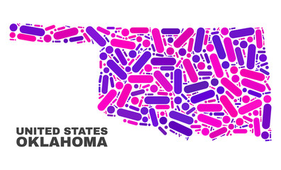 Mosaic Oklahoma State map isolated on a white background. Vector geographic abstraction in pink and violet colors. Mosaic of Oklahoma State map combined of random circle dots and lines.