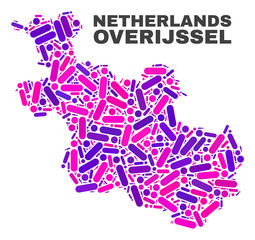 Mosaic Overijssel Province map isolated on a white background. Vector geographic abstraction in pink and violet colors. Mosaic of Overijssel Province map combined of random round points and lines.