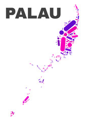 Mosaic Palau map isolated on a white background. Vector geographic abstraction in pink and violet colors. Mosaic of Palau map combined of scattered round points and lines.