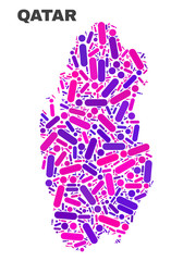 Mosaic Qatar map isolated on a white background. Vector geographic abstraction in pink and violet colors. Mosaic of Qatar map combined of random round dots and lines.