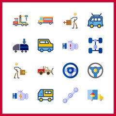 16 truck icon. Vector illustration truck set. steering wheel and crane truck icons for truck works