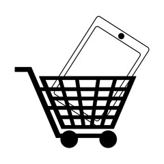 shopping cart with smartphone symbol in black and white