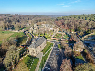 Aerial view of Villers Abbey ruins, an ancient Cistercian abbey located near the town of Villers-la-Ville in the Brabant province of Wallonia, Belgium