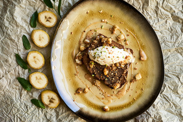 Healthy breakfast food concept with Banana Bread, Mascarpone Cheese