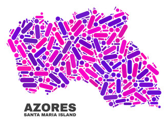Mosaic Santa Maria Island map isolated on a white background. Vector geographic abstraction in pink and violet colors. Mosaic of Santa Maria Island map combined of scattered circle points and lines.