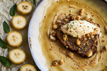Healthy breakfast food concept with Banana Bread, Mascarpone Cheese