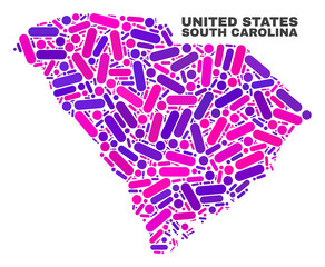 Mosaic South Carolina State map isolated on a white background. Vector geographic abstraction in pink and violet colors.