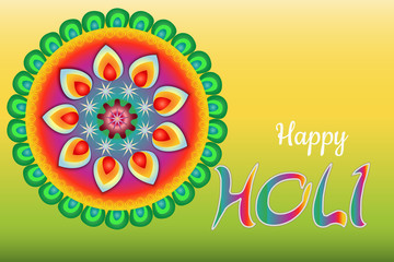 colorful multicolored mandala greeting card with the signature happy holiday holi on bright background