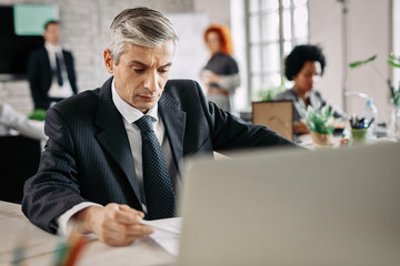 Serious businessman analyzing business reports in the office.