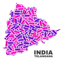 Mosaic Telangana State map isolated on a white background. Vector geographic abstraction in pink and violet colors. Mosaic of Telangana State map combined of scattered circle dots and lines.