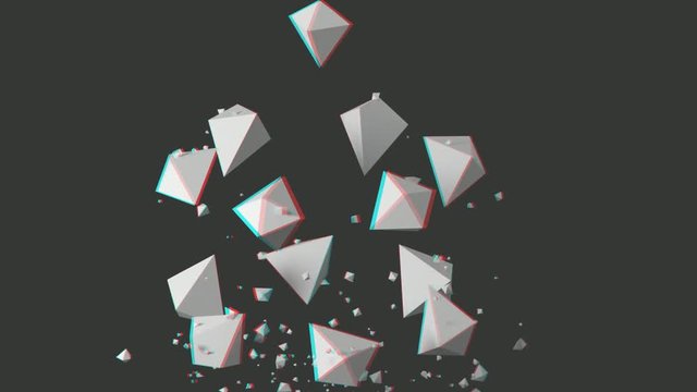 3D anaglyph. Simple versus complex. Fractal distribution of blocks fall away to leave a simple structure. View with red/cyan glasses.