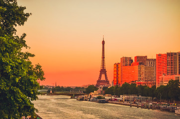 Sunset view of  Eiffel Tower and river Seine in Paris, France.
