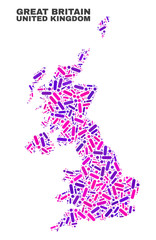 Mosaic United Kingdom map isolated on a white background. Vector geographic abstraction in pink and violet colors. Mosaic of United Kingdom map combined of scattered circle points and lines.
