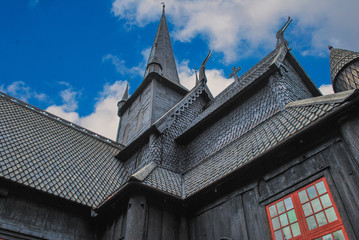 Fototapeta na wymiar Norway Style Church in Loom Norway with Dragons 