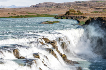 Gullfoss waterfall landscape in south Iceland with water falling flowing on Golden Circle cascade