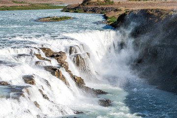 Gullfoss waterfall landscape in south Iceland with water falling closeup flowing on Golden Circle cascade