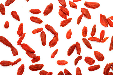 Image of dry red goji berries or chinese wolfberry on white background. Food.