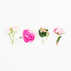 Floral concept made of pink peony and roses flowers on white background. Flat lay, top view