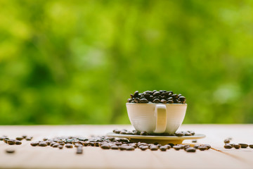 White cup full of coffee beans on Roasted Coffee Beans and wooden table in nature background