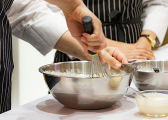 chef making dough on kitchen, Mixing Butter Milk Pastry Bakery, cook and cake