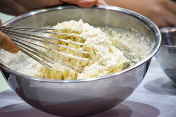 chef making dough on kitchen, Mixing Butter Milk Pastry Bakery, cook and cake