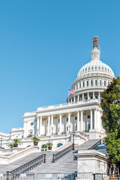 Washington DC, USA US Congress Dome Construction Exterior With Steps Stairs Vertical View On Capital Capitol Hill With Blue Sky Columns Pillars And Scaffolding