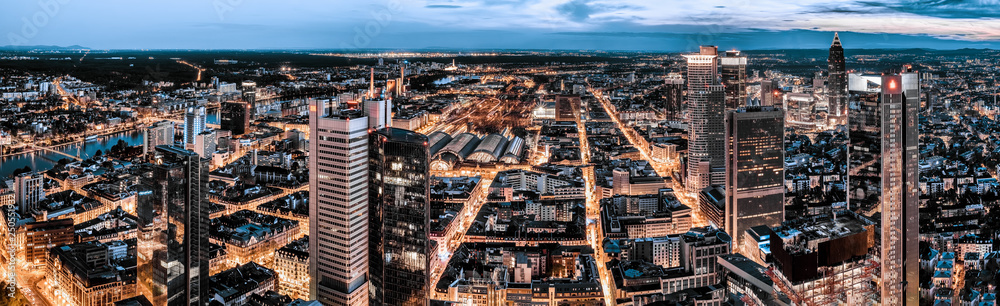 Wall mural Aerial 180 degrees panorama of Frankfurt. High resolution aerial panoramic view of Frankfurt, Germany at dusk.