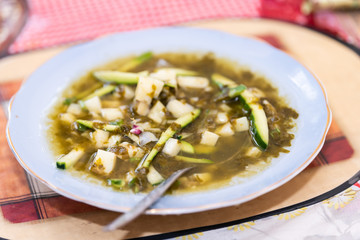 Traditional Russian or Ukrainian sorrel soup with chopped potatoes and green cucumbers in vegetable broth on plate bowl with spoon closeup