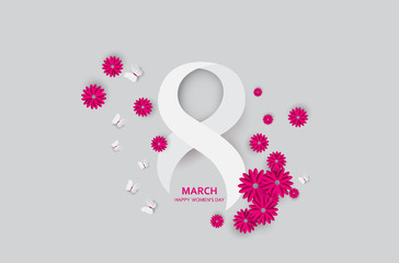 8 March. Happy Mother's Day. Paper cut Butterfly with flower holiday background - Vector