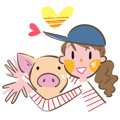 豚を抱きしめる女の子