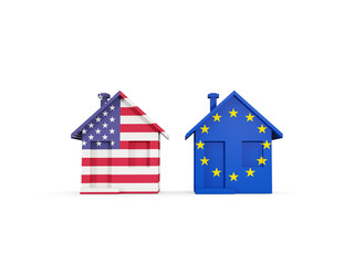 Two houses with flags of United States and EU