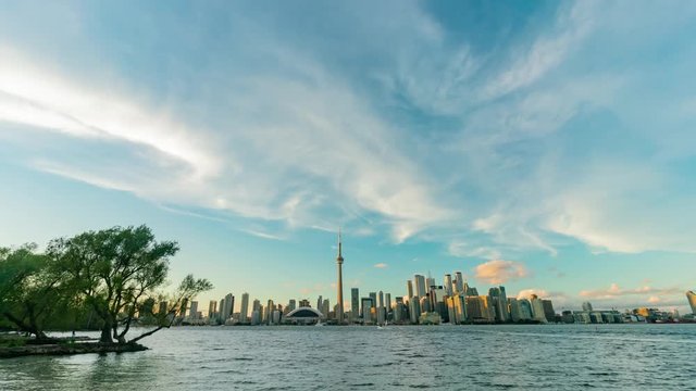 Sunset to night timelapse of the  Toronto city skyline with CN Tower