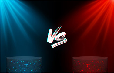 Versus - confrontation, red and blue background with empty marble pedestals, soffits and VS sign.