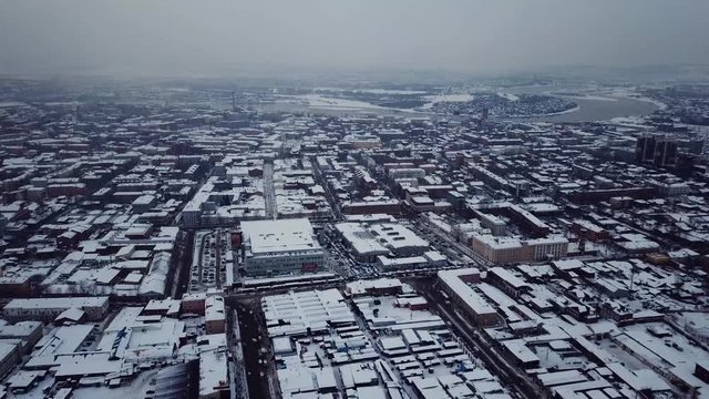 Aerial view of town in Russia during winter 