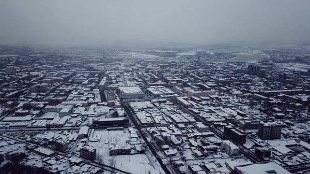 Aerial view of town in Russia during winter 