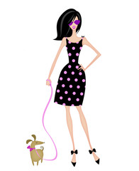 Chic Stylish Woman Walking Her Dog Fashion Illustration