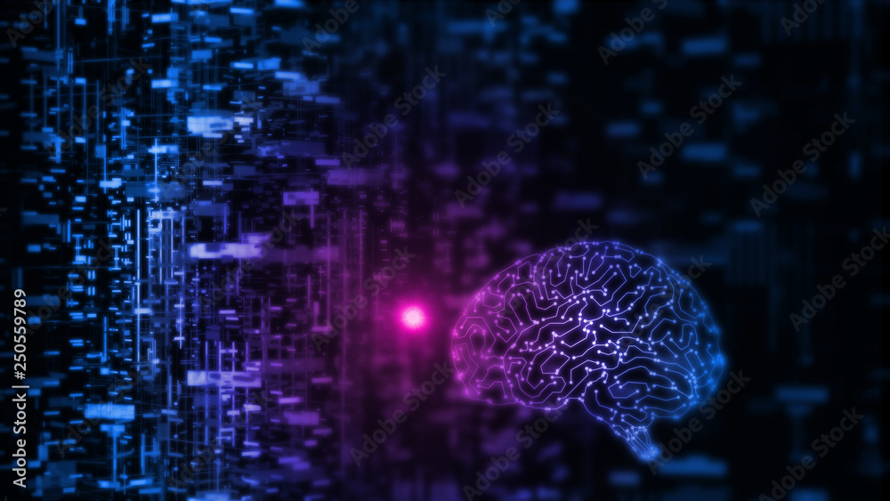 Poster 3D Rendering of artificial intelligence (AI) is operating with abstract data. Glowing brain circuit. For use with deep machine learning, crypto currency, Big data visualization, Data center concept
