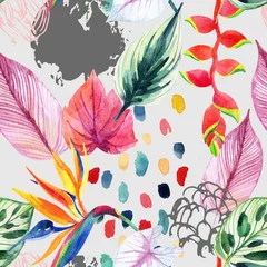Wall murals Grafic prints Hand drawn abstract tropic summer background: watercolor colorful leaves, flowers, watercolour brushstrokes, grunge, scribble textures