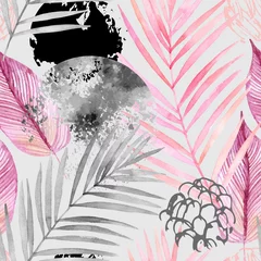 Fototapete Aquarell Natur Handgezeichneter abstrakter tropischer Sommerhintergrund: Aquarellpalmenblätter, Schmutz, Gekritzeltexturen