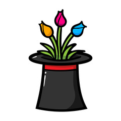 Cartoon Magician Hat and Flowers