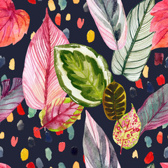 Colorful tropic summer background: watercolor leaves, abstract brushstrokes in retro 90s style