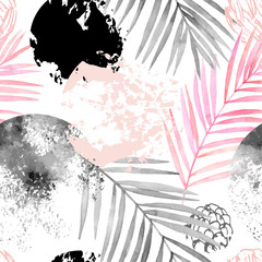 Hand drawn abstract tropical summer background: watercolor palm tree leaves, grunge, scribble textures
