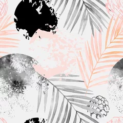 Photo sur Plexiglas Nature aquarelle Fond d& 39 été tropical abstrait dessiné à la main : feuilles de palmier aquarelle, grunge, textures de gribouillis